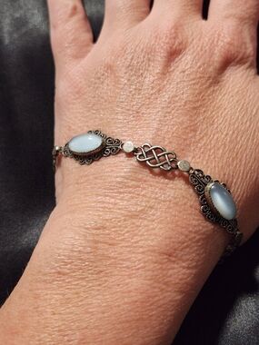 Vintage Beau Silver Filigree Bracelet with Pale Blue Cabochons